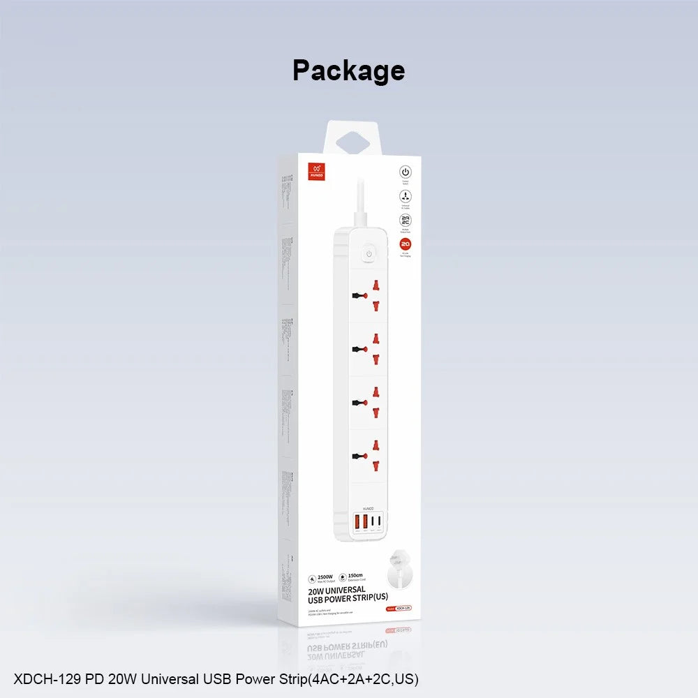 XUNDD XDCH-129 Universal 8 in 1 USB Power Strip with 4 AC + 2 USB-A + 2 USB-C Ports PD 20W Fast Charging Adapter - US Plug - 6