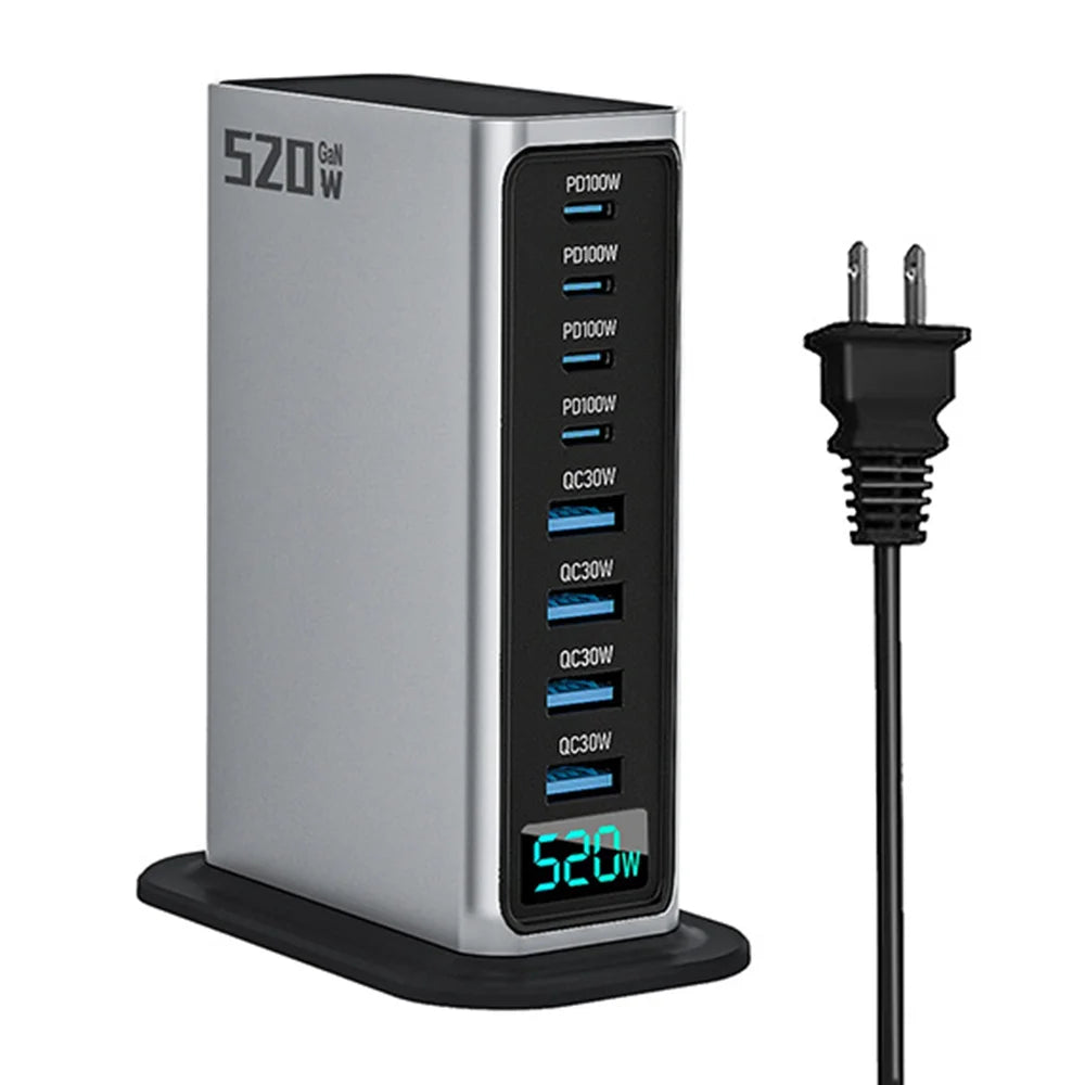 NCC666 520W Multi-Port GaN Fast Charger Intelligent Digital Display Travel Desktop Charging Station - US Plug/Silver - 1