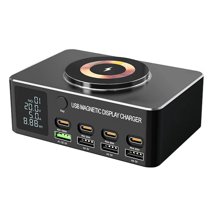 WLX-818D+ Smart Display Multi-Port Charger PD 140W Fast Charging Station Magnetic Wireless Charger - US Plug - 1