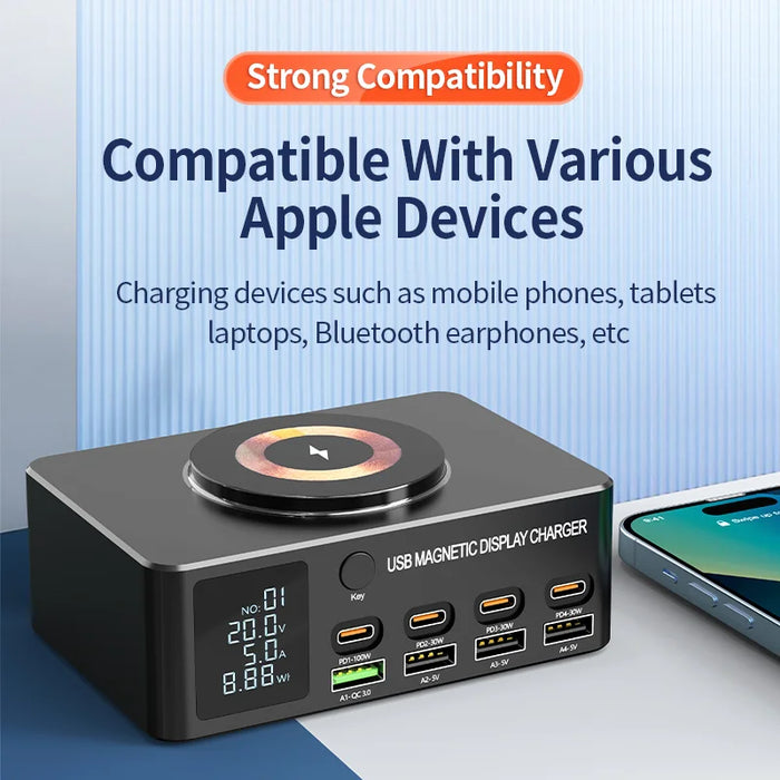 WLX-818D+ Smart Display Multi-Port Charger PD 140W Fast Charging Station Magnetic Wireless Charger - US Plug - 4