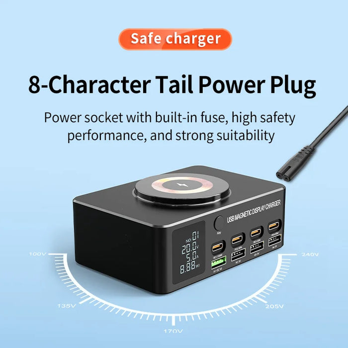 WLX-818D+ Smart Display Multi-Port Charger PD 140W Fast Charging Station Magnetic Wireless Charger - US Plug - 5