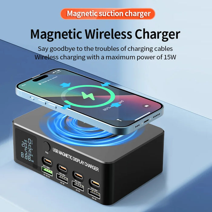 WLX-818D+ Smart Display Multi-Port Charger PD 140W Fast Charging Station Magnetic Wireless Charger - US Plug - 7