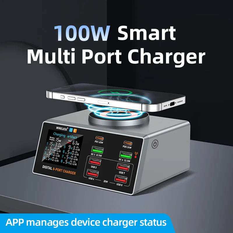 WLX-X9A Smart Display APP Control 100W Multi-port Desktop Charger Magnetic Wireless Charging Station - Black/US Plug - 2