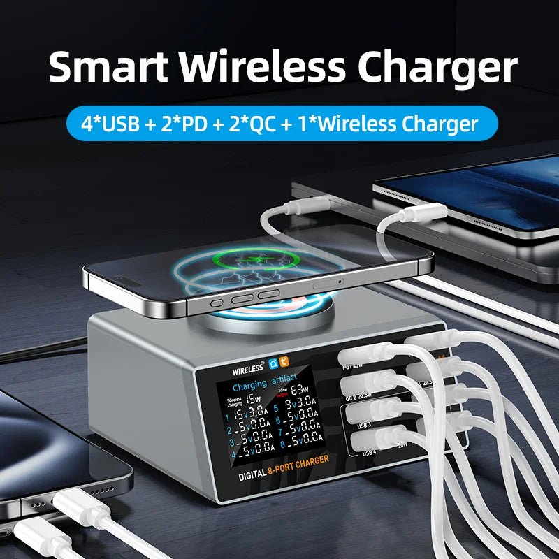 WLX-X9A Smart Display APP Control 100W Multi-port Desktop Charger Magnetic Wireless Charging Station - Black/US Plug - 3