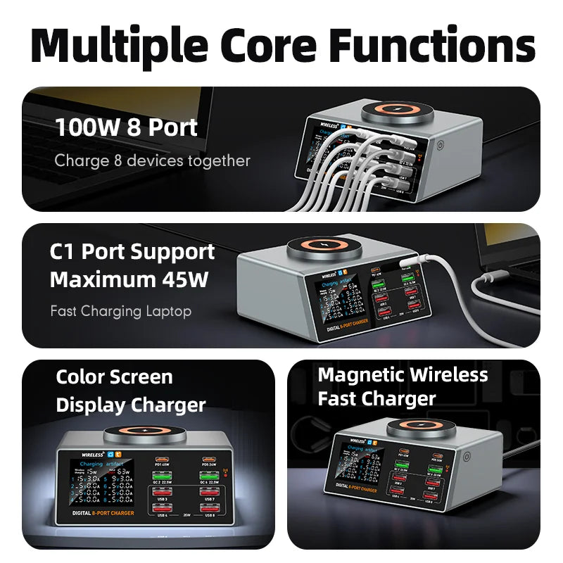 WLX-X9A Smart Display APP Control 100W Multi-port Desktop Charger Magnetic Wireless Charging Station - Black/US Plug - 5
