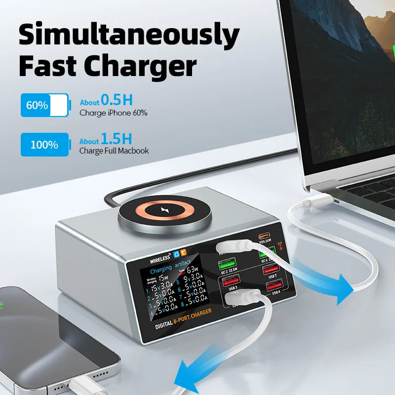WLX-X9A Smart Display APP Control 100W Multi-port Desktop Charger Magnetic Wireless Charging Station - Black/US Plug - 6