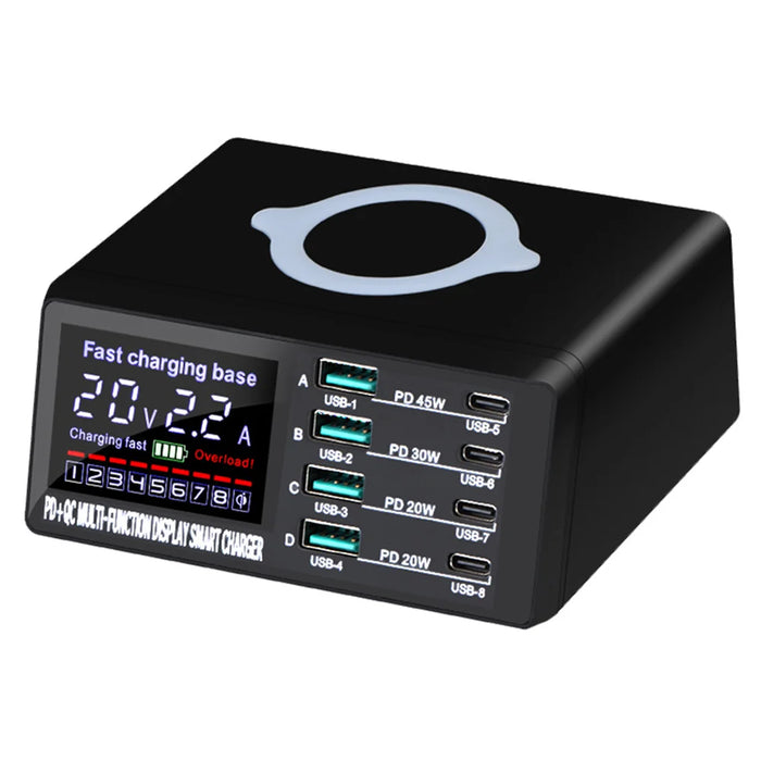 WLX-X9D 8-Port Multi-function 110W Fast Charging Station with Digital Display Wireless Charger - US Plug - 1