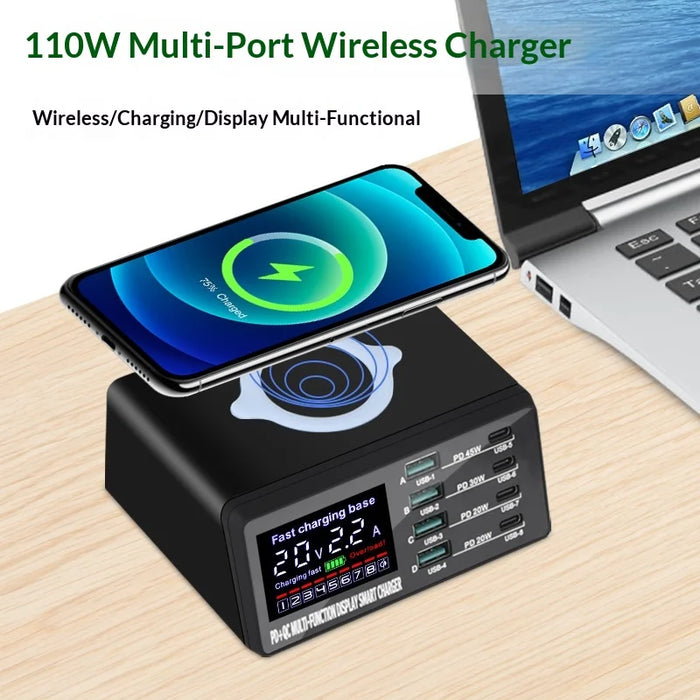 WLX-X9D 8-Port Multi-function 110W Fast Charging Station with Digital Display Wireless Charger - US Plug - 3