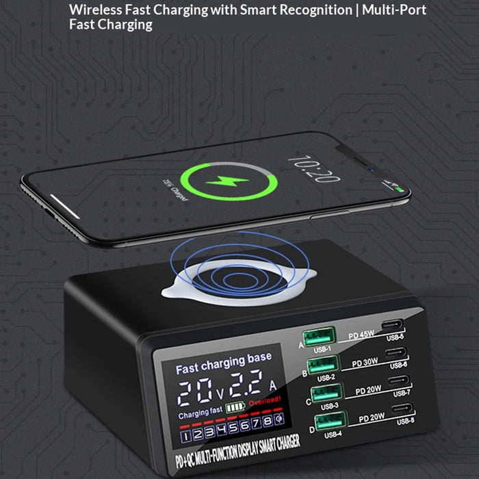 WLX-X9D 8-Port Multi-function 110W Fast Charging Station with Digital Display Wireless Charger - US Plug - 5