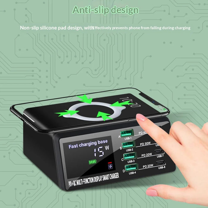 WLX-X9D 8-Port Multi-function 110W Fast Charging Station with Digital Display Wireless Charger - US Plug - 7