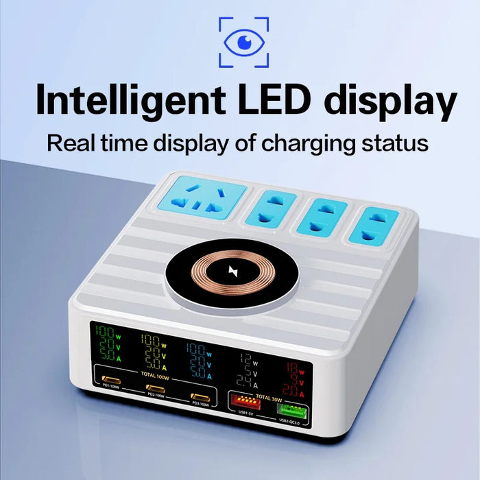 WLX-H13 140W High Power Intelligent Digital Display Multi-Port Smart Fast Charger Wireless Charging Power Strip, EU Plug - 2