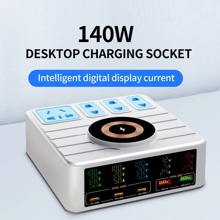 WLX-H13 140W High Power Intelligent Digital Display Multi-Port Smart Fast Charger Wireless Charging Power Strip, EU Plug - 3