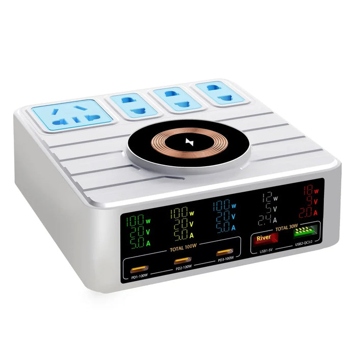 WLX-H13 140W High Power Intelligent Digital Display Multi-Port Smart Fast Charger Wireless Charging Power Strip, EU Plug - 7