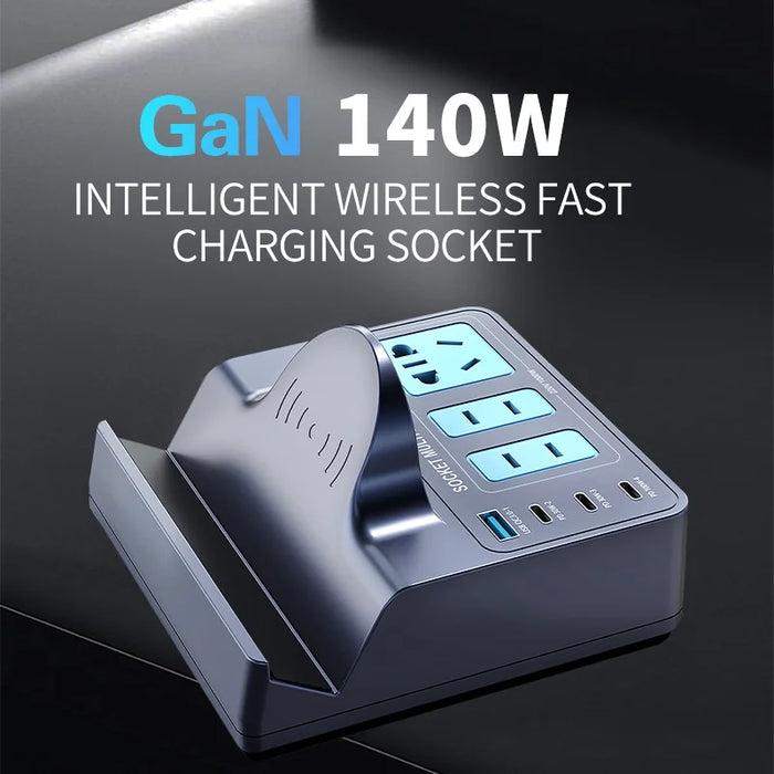 WLX-H12 140W Smart Wireless Charging Power Strip GaN PD Fast Charger Multi-Port Charging Station - US Plug - 2