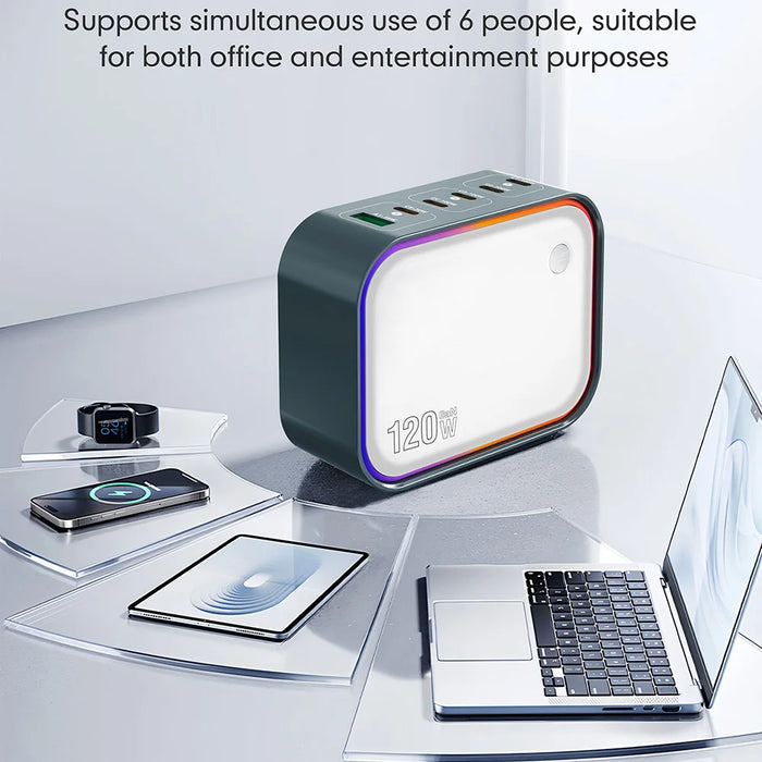 WLX-P 120W 6-Port Desktop Charging Station Portable GaN Fast Charger with Foldable Plug - Grey+White/US Plug - 6