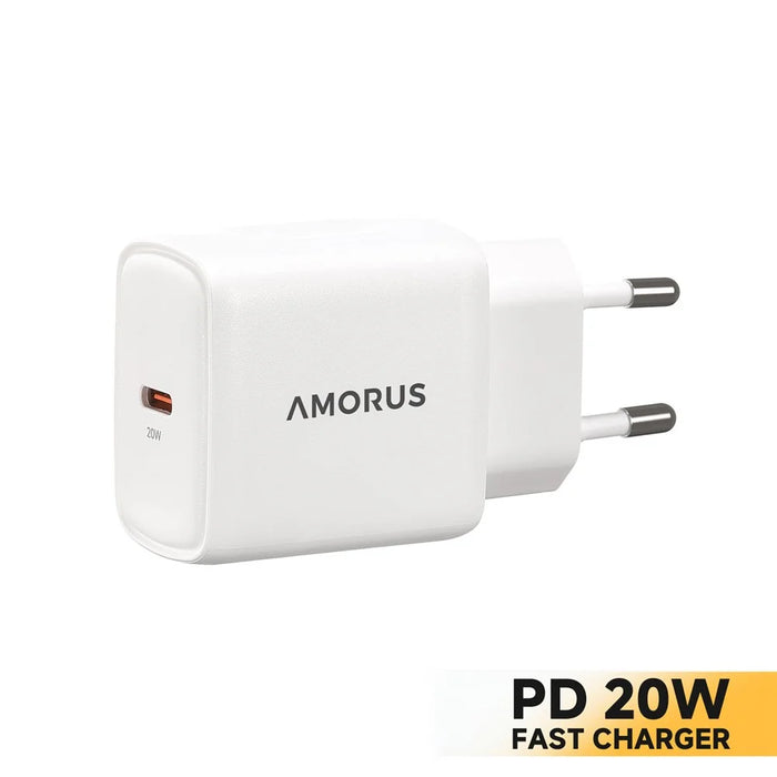 AMORUS PD 20W Type-C Fast Charging Wall Charger for Smartphone / Tablet / Laptop USB-C Power Adapter, EU Plug - White - 1