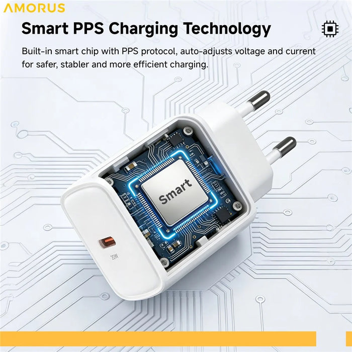 AMORUS PD 20W Type-C Fast Charging Wall Charger for Smartphone / Tablet / Laptop USB-C Power Adapter, EU Plug - White - 3