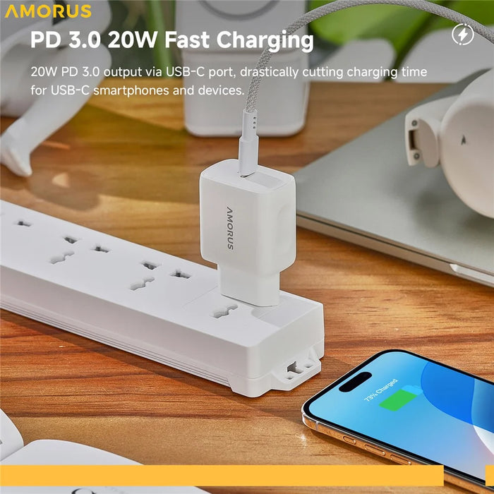 AMORUS PD 20W Type-C Fast Charging Wall Charger for Smartphone / Tablet / Laptop USB-C Power Adapter, EU Plug - White - 5