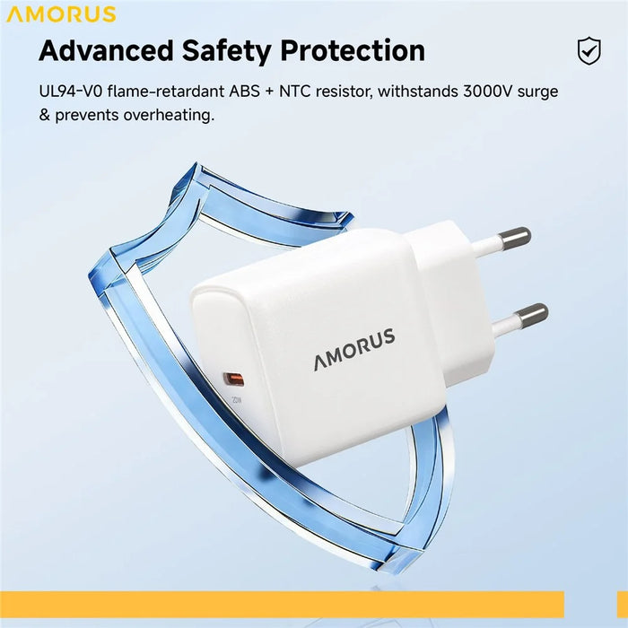 AMORUS PD 20W Type-C Fast Charging Wall Charger for Smartphone / Tablet / Laptop USB-C Power Adapter, EU Plug - White - 6
