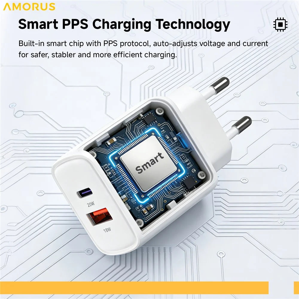 AMORUS PD 20W USB-C + 18W USB-A Fast Charging Wall Charger Dual Port Smart Power Adapter, EU Plug - White - 3