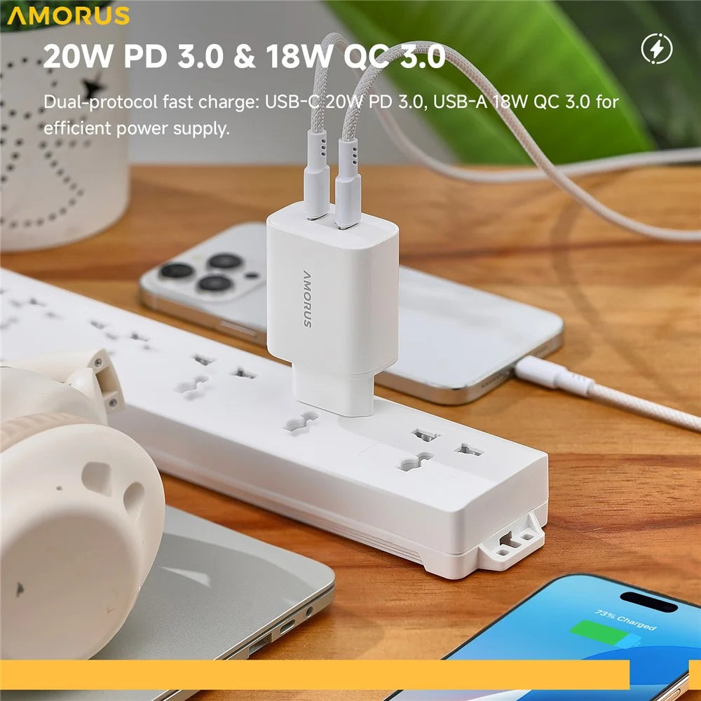 AMORUS PD 20W USB-C + 18W USB-A Fast Charging Wall Charger Dual Port Smart Power Adapter, EU Plug - White - 5