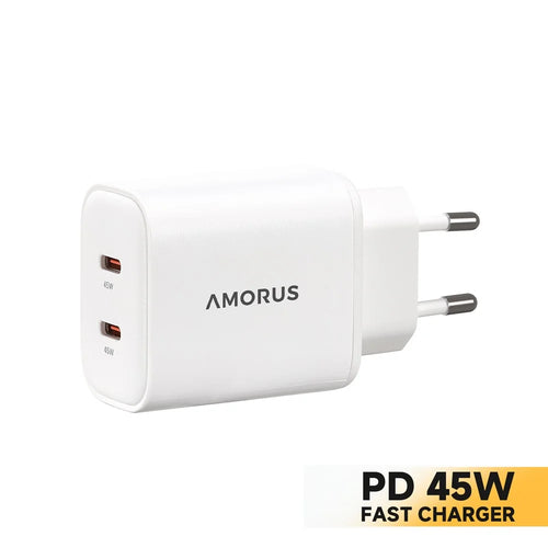 AMORUS Dual USB-C Ports GaN Power Adapter PD 45W Fast Charging Wall Charger for iPhone / MacBook / iPad, EU Plug - White - 1