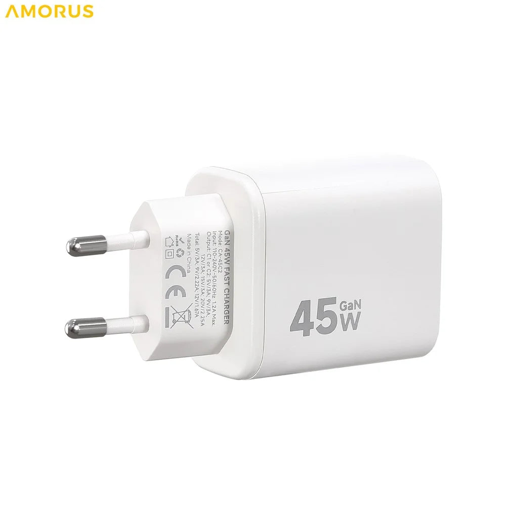 AMORUS Dual USB-C Ports GaN Power Adapter PD 45W Fast Charging Wall Charger for iPhone / MacBook / iPad, EU Plug - White - 2