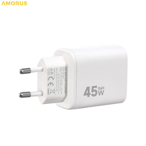 AMORUS Dual USB-C Ports GaN Power Adapter PD 45W Fast Charging Wall Charger for iPhone / MacBook / iPad, EU Plug - White - 2