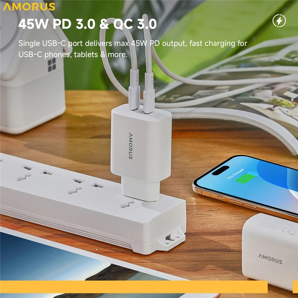 AMORUS Dual USB-C Ports GaN Power Adapter PD 45W Fast Charging Wall Charger for iPhone / MacBook / iPad, EU Plug - White - 5