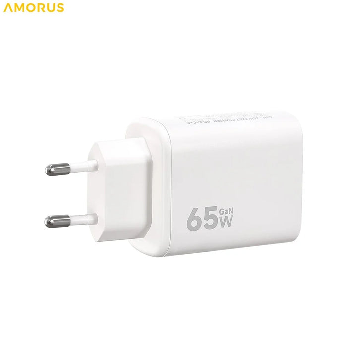 AMORUS PD 65W Fast Charging Wall Charger USB-A + Dual Type-C GaN Power Adapter for Laptop / Smartphone / Tablet, EU Plug - White - 2