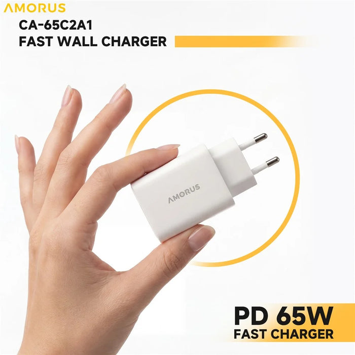 AMORUS PD 65W Fast Charging Wall Charger USB-A + Dual Type-C GaN Power Adapter for Laptop / Smartphone / Tablet, EU Plug - White - 7