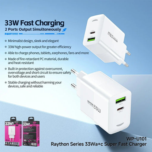 WEKOME WP-U101 33W Fast Charger Portable USB-A + Type-C Dual Port Power Adapter, EU Plug - White - 2
