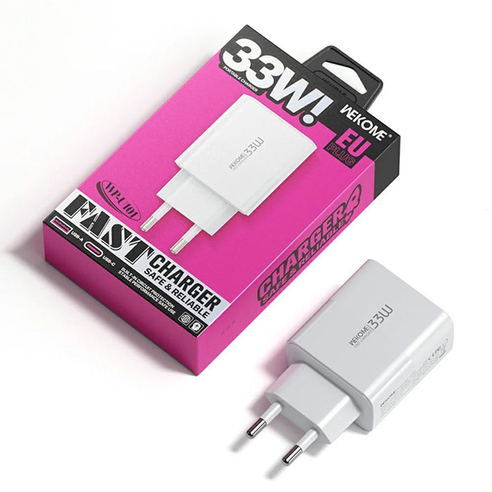 WEKOME WP-U101 33W Fast Charger Portable USB-A + Type-C Dual Port Power Adapter, EU Plug - White - 3