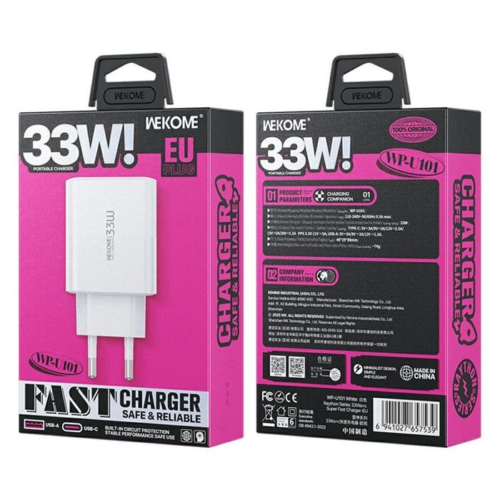 WEKOME WP-U101 33W Fast Charger Portable USB-A + Type-C Dual Port Power Adapter, EU Plug - White - 4