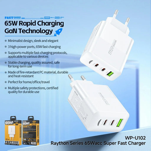 WEKOME WP-U102 65W GaN Fast Charger USB-A + 2 Type-C Power Adapter for Smartphone / Laptop / Tablet, EU Plug - White - 2