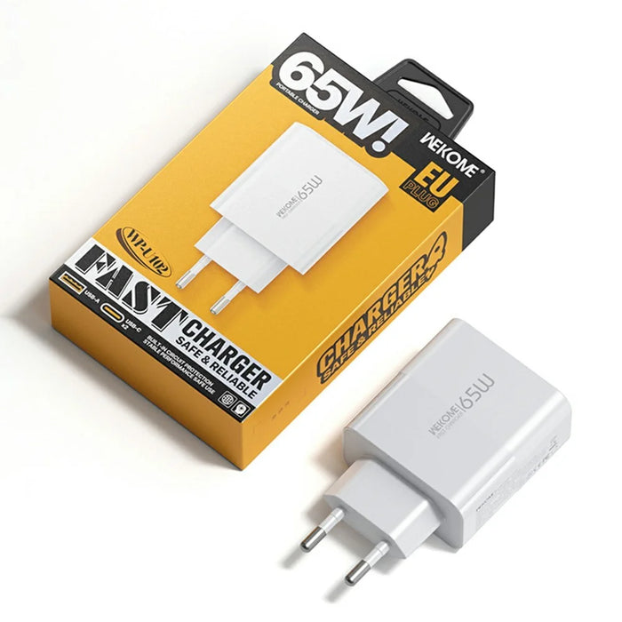 WEKOME WP-U102 65W GaN Fast Charger USB-A + 2 Type-C Power Adapter for Smartphone / Laptop / Tablet, EU Plug - White - 3