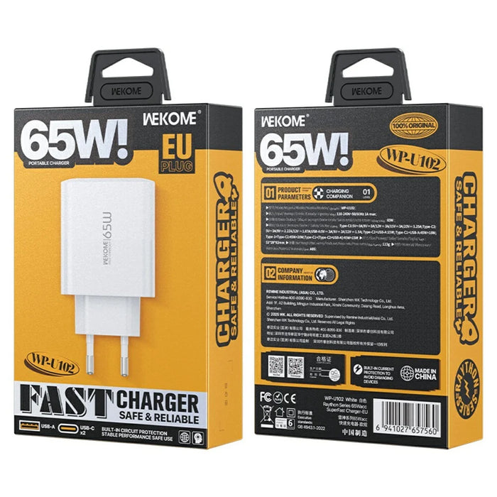 WEKOME WP-U102 65W GaN Fast Charger USB-A + 2 Type-C Power Adapter for Smartphone / Laptop / Tablet, EU Plug - White - 4