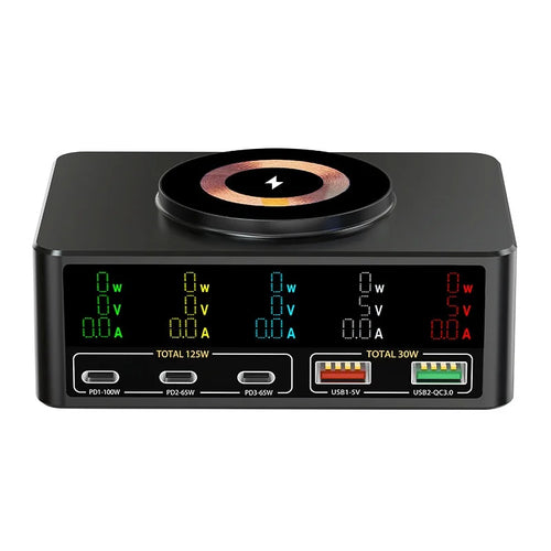 WLX-818C Smart Digital Display 140W Multi-Port USB Charger GaN Magnetic Wireless Charging Station - Black/US Plug - 1