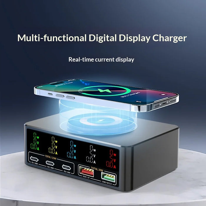 WLX-818C Smart Digital Display 140W Multi-Port USB Charger GaN Magnetic Wireless Charging Station - Black/US Plug - 2