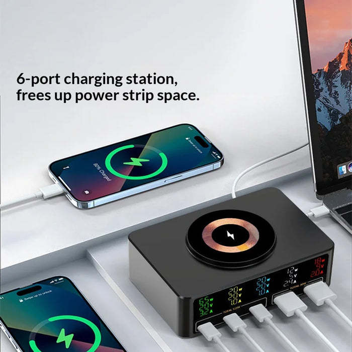 WLX-818C Smart Digital Display 140W Multi-Port USB Charger GaN Magnetic Wireless Charging Station - Black/US Plug - 3