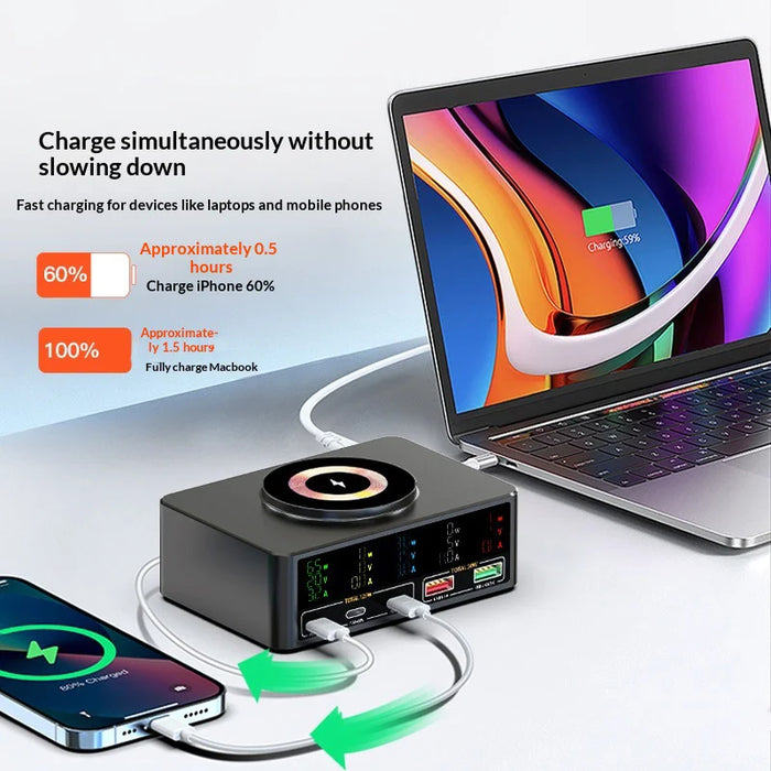 WLX-818C Smart Digital Display 140W Multi-Port USB Charger GaN Magnetic Wireless Charging Station - Black/US Plug - 4