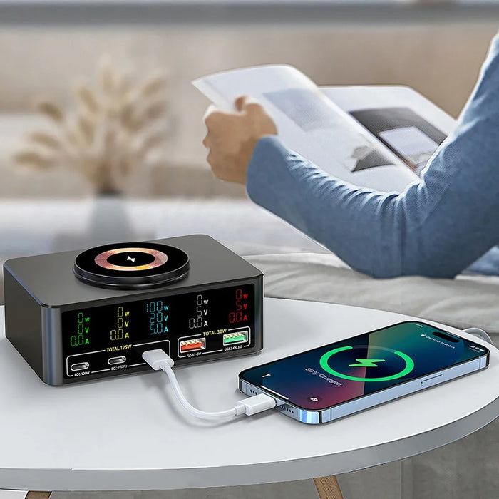 WLX-818C Smart Digital Display 140W Multi-Port USB Charger GaN Magnetic Wireless Charging Station - Black/US Plug - 6