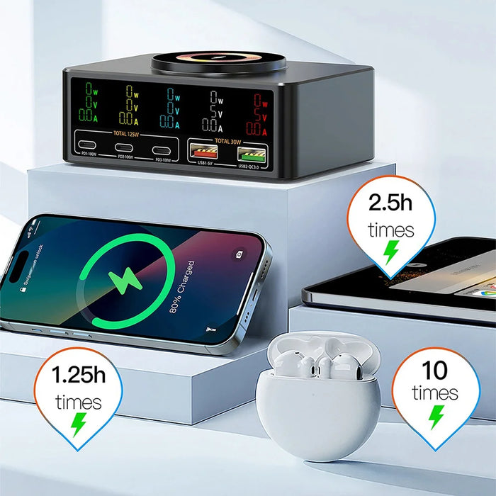 WLX-818C Smart Digital Display 140W Multi-Port USB Charger GaN Magnetic Wireless Charging Station - Black/US Plug - 7