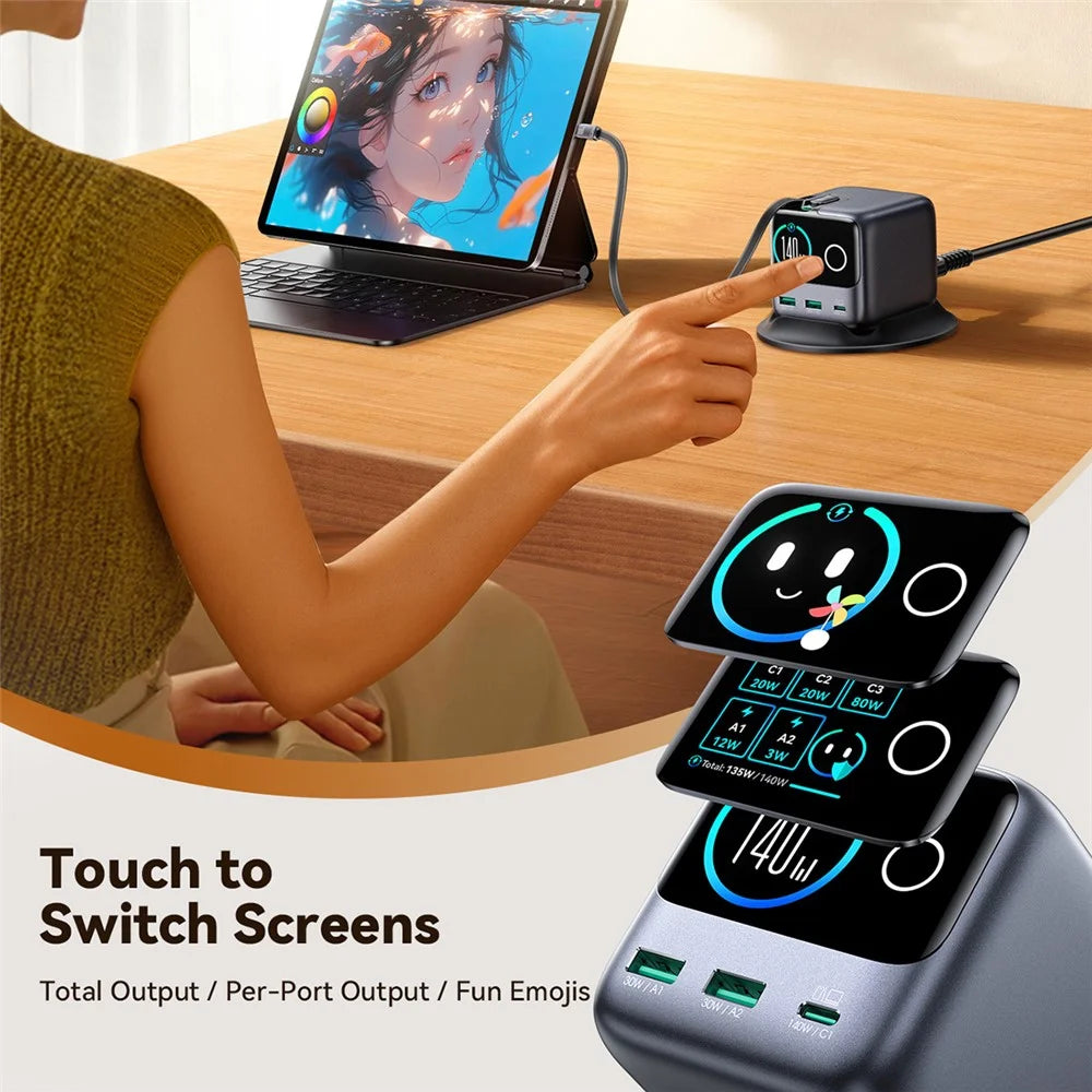 JOYROOM JR-TRD01 140W GaN Charger 5-Port Desktop Fast Charging Station with Retractable Cables - EU Plug - 5