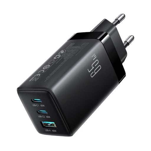 JOYROOM JR-TG10 65W EU Plug Fast Charging Adapter USB-A + Dual Type-C GaN Charger with 1.2m 100W USB-C Cable - Black - 1