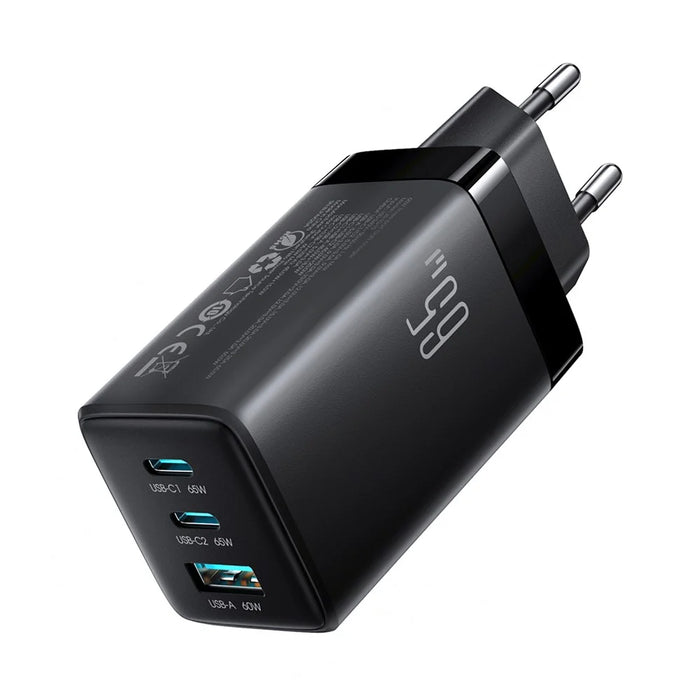 JOYROOM JR-TG10 65W EU Plug Fast Charging Adapter USB-A + Dual Type-C GaN Charger with 1.2m 100W USB-C Cable - Black - 1