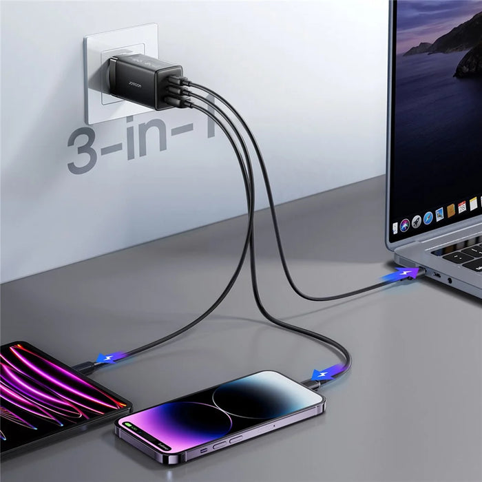 JOYROOM JR-TG10 65W EU Plug Fast Charging Adapter USB-A + Dual Type-C GaN Charger with 1.2m 100W USB-C Cable - Black - 3