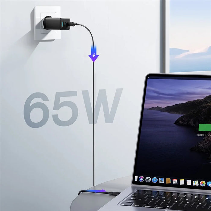 JOYROOM JR-TG10 65W EU Plug Fast Charging Adapter USB-A + Dual Type-C GaN Charger with 1.2m 100W USB-C Cable - Black - 5