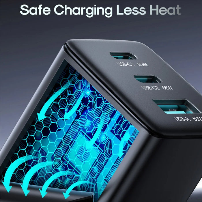 JOYROOM JR-TG10 65W EU Plug Fast Charging Adapter USB-A + Dual Type-C GaN Charger with 1.2m 100W USB-C Cable - Black - 7