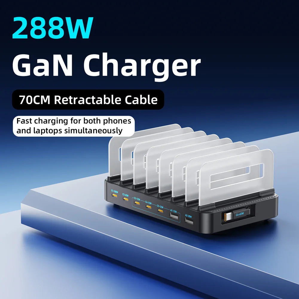 WLX-60H 288W GaN Multi Port Charger with Retractable Type-C Cable Desktop Charging Station for Phone/Tablet - US Plug - 5